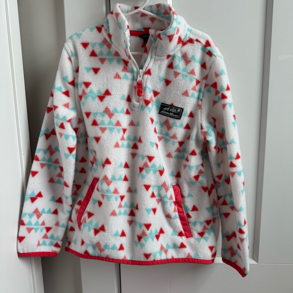 Eddie Bauer Girls Fleece Pullover with Red and Teal Triangles size 7/8